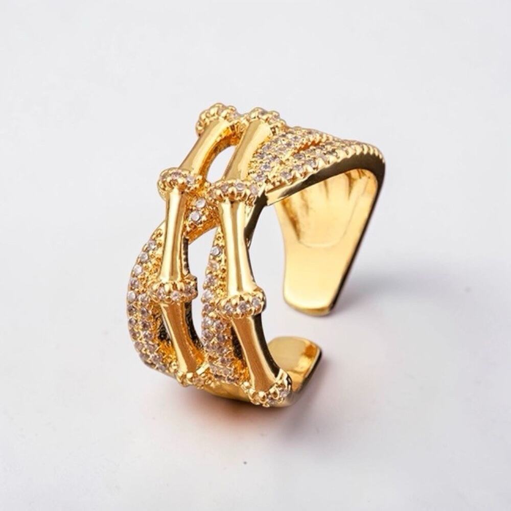 Art Deco Abstract Ring Bamboo Sz 7 Bone Pave Gold CZ Boho Statement Ribbed Cuff
